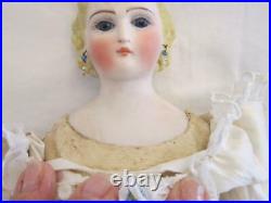 Antique 16 Parian Doll Orig. Leather Body Glass Eyes Beautiful Satin Dress