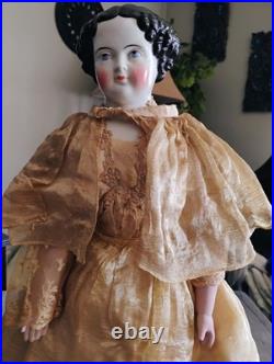 Antique 1850's 23 German China Doll Head Flat Top Covered Wagon Style Unmarked