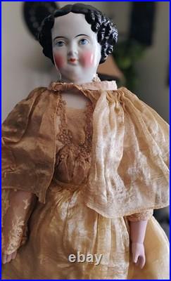 Antique 1850's 23 German China Doll Head Flat Top Covered Wagon Style Unmarked