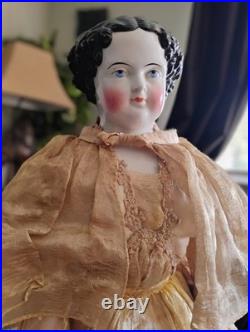 Antique 1850's 23 German China Doll Head Flat Top Covered Wagon Style Unmarked