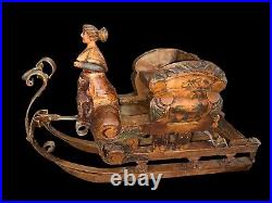 Antique 1900s Austrian German Hand Carved Painted Wood Figure Iron Sleigh Sled