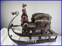 Antique 1920s Austrian German Hand Carved Painted Wood Figure Iron Sleigh Sled