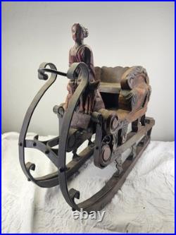 Antique 1920s Austrian German Hand Carved Painted Wood Figure Iron Sleigh Sled