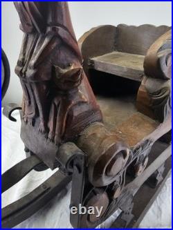 Antique 1920s Austrian German Hand Carved Painted Wood Figure Iron Sleigh Sled