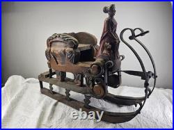 Antique 1920s Austrian German Hand Carved Painted Wood Figure Iron Sleigh Sled