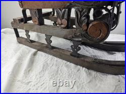 Antique 1920s Austrian German Hand Carved Painted Wood Figure Iron Sleigh Sled