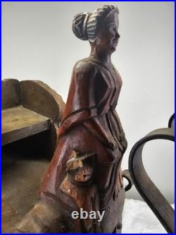 Antique 1920s Austrian German Hand Carved Painted Wood Figure Iron Sleigh Sled