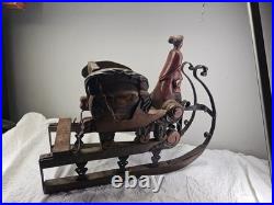 Antique 1920s Austrian German Hand Carved Painted Wood Figure Iron Sleigh Sled