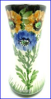 Antique 1920s German Poppy Vase 7.5 in Hand Painted Flowers Ceramic Glossy Glaze
