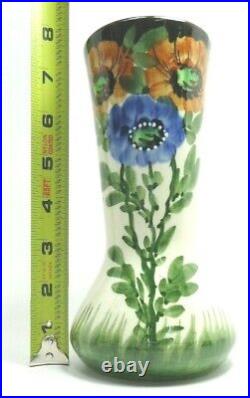 Antique 1920s German Poppy Vase 7.5 in Hand Painted Flowers Ceramic Glossy Glaze