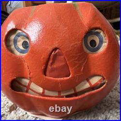 Antique 1930s German Paper Mache Halloween Jack O' Lantern Pulp Pumpkin Bucket
