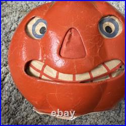 Antique 1930s German Paper Mache Halloween Jack O' Lantern Pulp Pumpkin Bucket