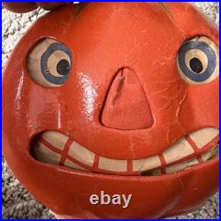 Antique 1930s German Paper Mache Halloween Jack O' Lantern Pulp Pumpkin Bucket