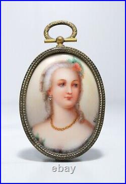 Antique 19th C German Hand Painted Lady Portrait On Bronze Frame Signed