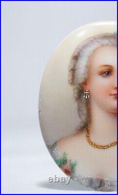 Antique 19th C German Hand Painted Lady Portrait On Bronze Frame Signed