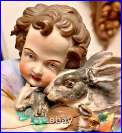 Antique 19th Century German Victorian Porcelain Boy & Bunnies Box