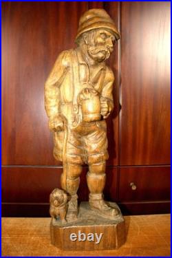 Antique 21.5 Hand Carved Wood German Old Man Beer + Dog Figure Statue Figurine