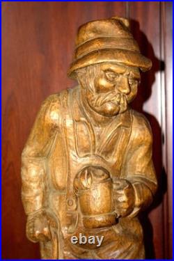 Antique 21.5 Hand Carved Wood German Old Man Beer + Dog Figure Statue Figurine