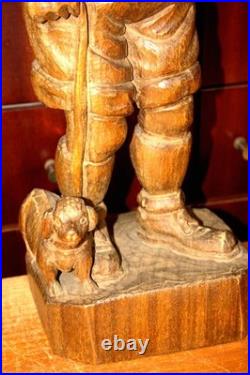 Antique 21.5 Hand Carved Wood German Old Man Beer + Dog Figure Statue Figurine