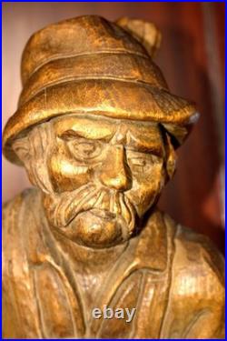 Antique 21.5 Hand Carved Wood German Old Man Beer + Dog Figure Statue Figurine