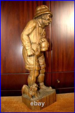 Antique 21.5 Hand Carved Wood German Old Man Beer + Dog Figure Statue Figurine