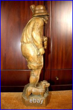 Antique 21.5 Hand Carved Wood German Old Man Beer + Dog Figure Statue Figurine