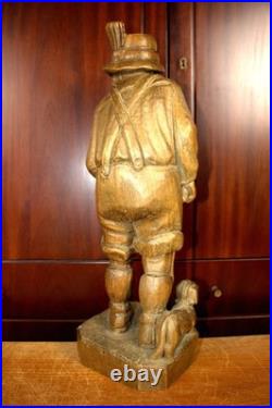 Antique 21.5 Hand Carved Wood German Old Man Beer + Dog Figure Statue Figurine