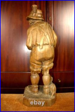 Antique 21.5 Hand Carved Wood German Old Man Beer + Dog Figure Statue Figurine