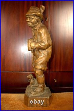 Antique 21.5 Hand Carved Wood German Old Man Beer + Dog Figure Statue Figurine