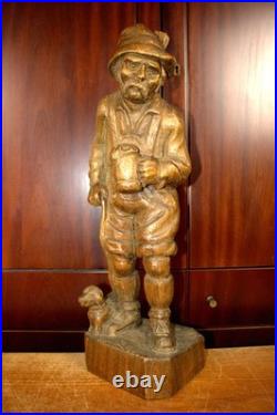 Antique 21.5 Hand Carved Wood German Old Man Beer + Dog Figure Statue Figurine
