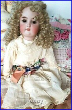 Antique 24Gebruder Kuhnlenz165 Bisque Doll &Drop Waist Dress Ribbon Work Flower