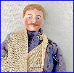 Antique 6 Bisque German Dollhouse Wounded Soldier Mustache, Orig. Outfit, Sword