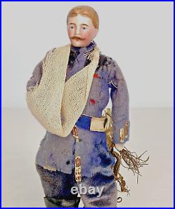 Antique 6 Bisque German Dollhouse Wounded Soldier Mustache, Orig. Outfit, Sword