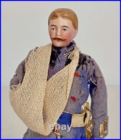 Antique 6 Bisque German Dollhouse Wounded Soldier Mustache, Orig. Outfit, Sword