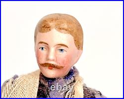 Antique 6 Bisque German Dollhouse Wounded Soldier Mustache, Orig. Outfit, Sword