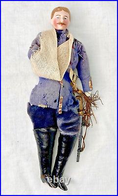 Antique 6 Bisque German Dollhouse Wounded Soldier Mustache, Orig. Outfit, Sword