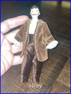 Antique 7 Dollhouse Doll German Bisque, Rare Fancy Hairdo Man With Mustache