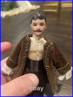Antique 7 Dollhouse Doll German Bisque, Rare Fancy Hairdo Man With Mustache