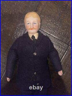 Antique 7 Dollhouse Doll German Bisque, all original Man With Mustache