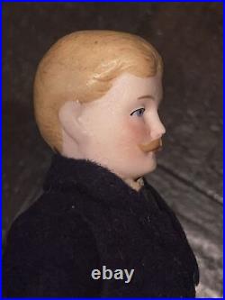 Antique 7 Dollhouse Doll German Bisque, all original Man With Mustache