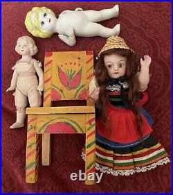Antique Adorable 6 Glass Eyes All Bisque German Doll & 2 Cute Dolls & Chair LOT