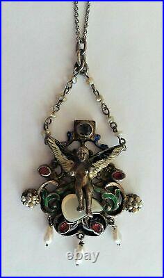 Antique Austro-Hungarian Necklace with an Angel in Silver, Enamel & Garnets