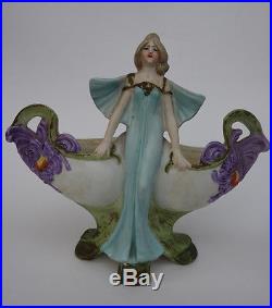 Antique Bisque Porcelain Art Nouveau figurine German Nymph purple flower vintage