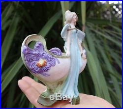 Antique Bisque Porcelain Art Nouveau figurine German Nymph purple flower vintage