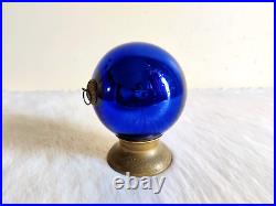 Antique Blue Glass 4.3 Heavy German Kugel Christmas Ornament Brass Cap 02