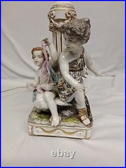 Antique Capodimonte German / Italian Cherubs Frolicking with Goose Lamp 15