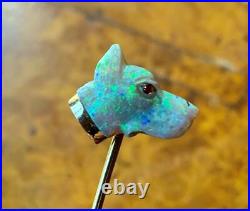 Antique Carved Opal Ruby Dog Stickpin Art Deco Doberman German Shepherd