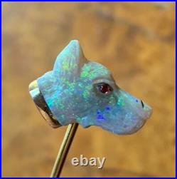 Antique Carved Opal Ruby Dog Stickpin Art Deco Doberman German Shepherd