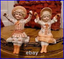 Antique Christmas DOLL HANGER Ornaments RARE Pair Bisque 1890 Boy Girl 5 1/2