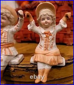 Antique Christmas DOLL HANGER Ornaments RARE Pair Bisque 1890 Boy Girl 5 1/2